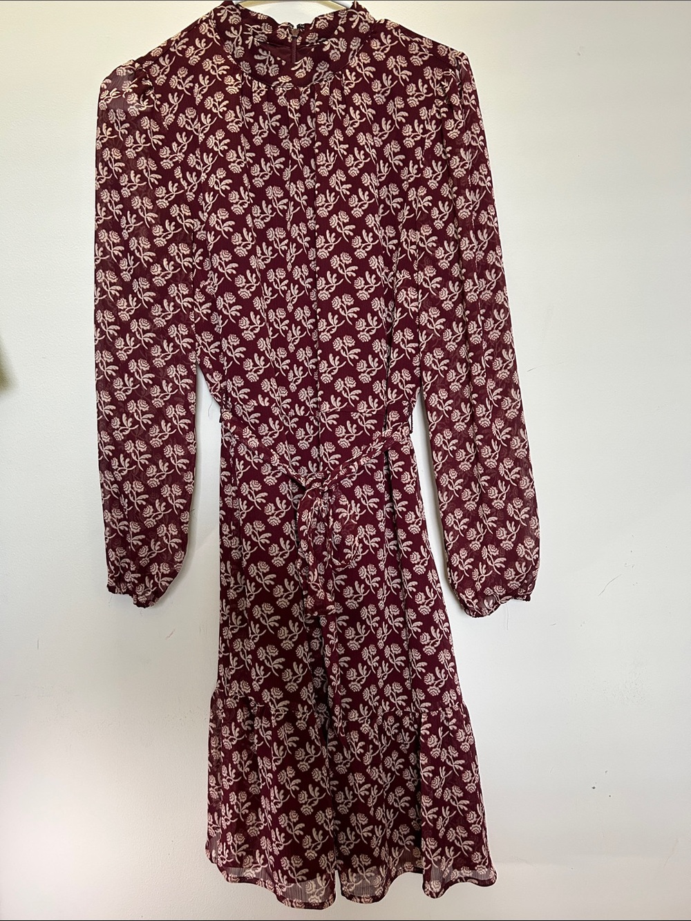 Ann Taylor Burgundy Floral Long-Sleeve Midi Dress